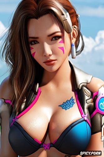 tattoos, d va overwatch beautiful face full body shot, tits out