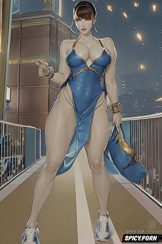 subdued color, white panties, armpit, long dark blue dress, streetfighter