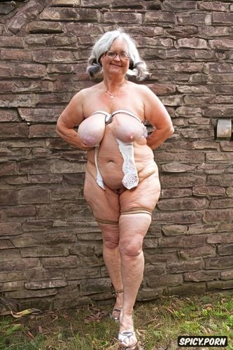 granny, standing bent forward, white, 70 yo, wrinkles, chest shape spaniel ears