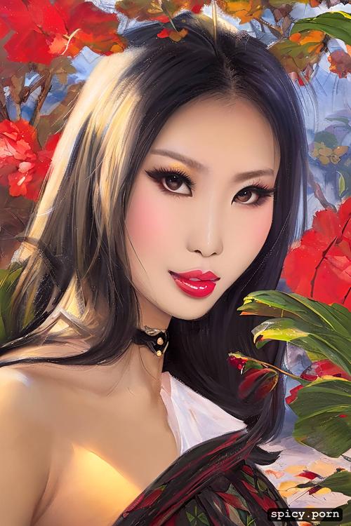 abg, jungle background, full lips, eye contact, thin beautiful vietnamese abg with big eyes and big lips
