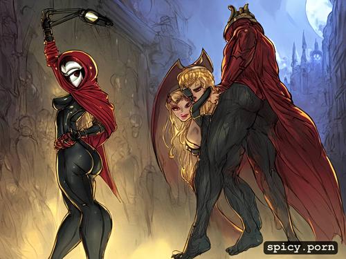 female dom, white mask, pitch black skin, red cloak, video game hollow knight