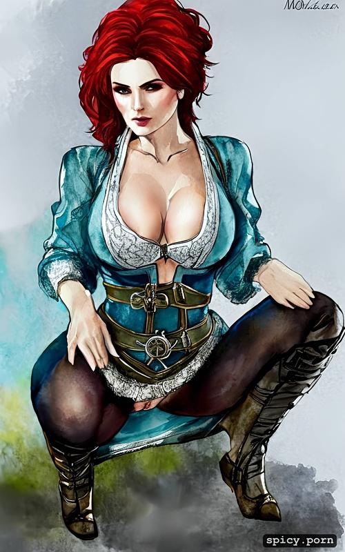 triss the witcher 3, squatting, pussy, lifting up her dress