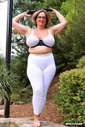 chubby body, yoga pants, 80 years old, milf face, skin s imperfection
