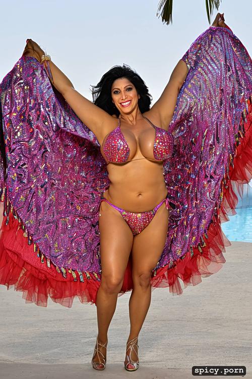 full body view, color portrait, intricate beautiful dancing costume with bikini top