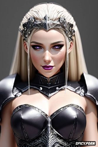 pale skin, soft purple eyes, tiara, full lips, wearing black scale armor