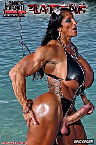 chained, enormous boobs, large dick, cumming, ultra realistic photo