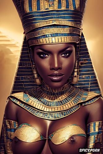 masterpiece, ultra realistic, femal pharaoh ancient egypt egyptian pyramids pharoah crown royal robes beautiful face full lips milf topless