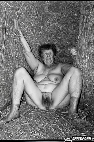 very old granny, pot belly, 98 years old, in hay field, wrinkled