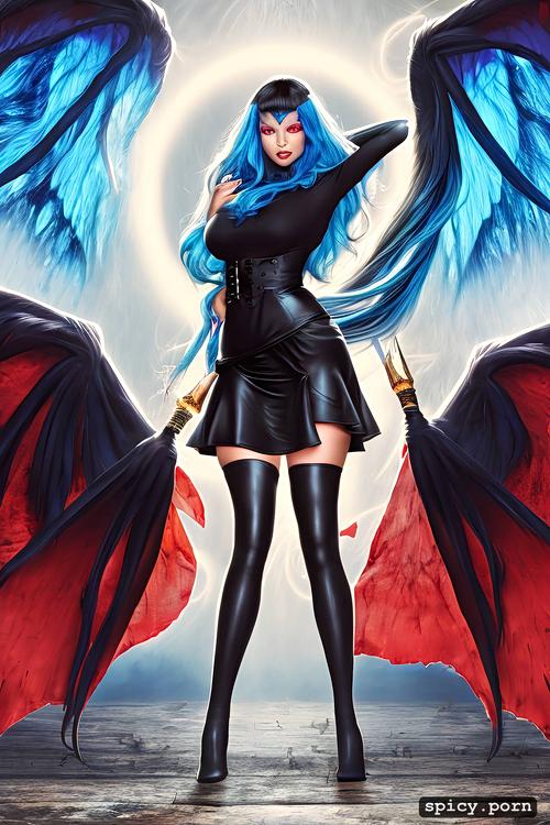 high priestess, worshipped by demons, large black leathery black satanic wings