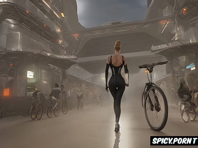 customers, crowded, e bike, futuristic bicycles, pear ass, tall toned woman