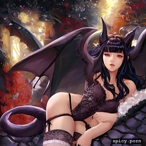 japanese lady, ass, black demonic tail, 8k, masterpiece, black draconic wings