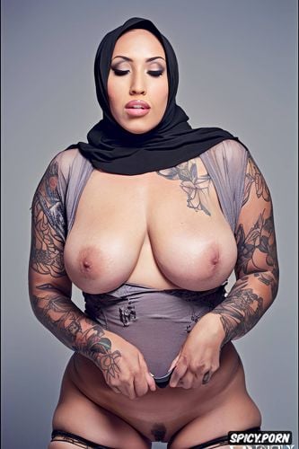 huge hanging tits and muscled thighs, in only hijab, framed from forehead to thighs