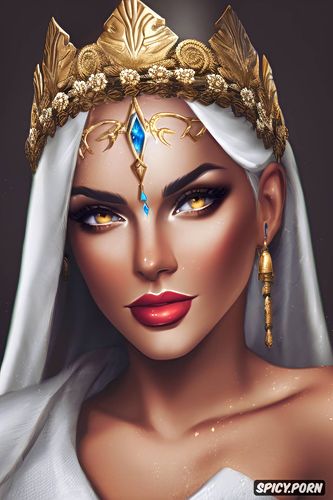 ashe overwatch beautiful face young tattoos flowing low cut white greek robes golden greek wreath crown busty smirking portrait