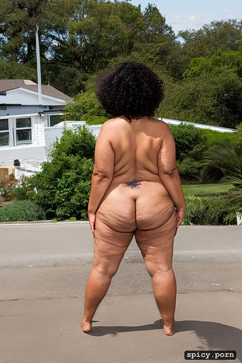 an old fat hispanic naked woman with obese belly, curly short hair