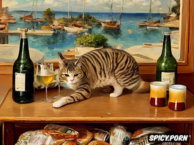 tuna in oil, garlic on a old wooden table, cats, the image shows a still life stilllife