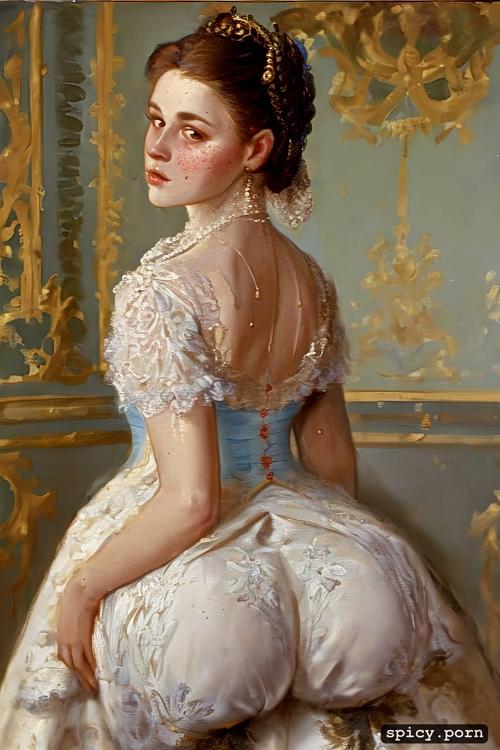 looking back, big glossy innocent eyes, french braid, 19th century 30 yo russian grand duchess spread legs sweating