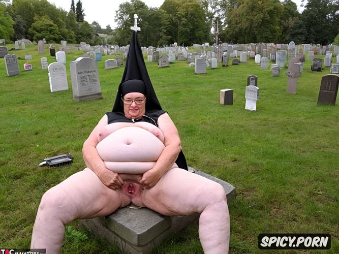 grave with headstone in a cemetery, insane, glasses, hanging breasts