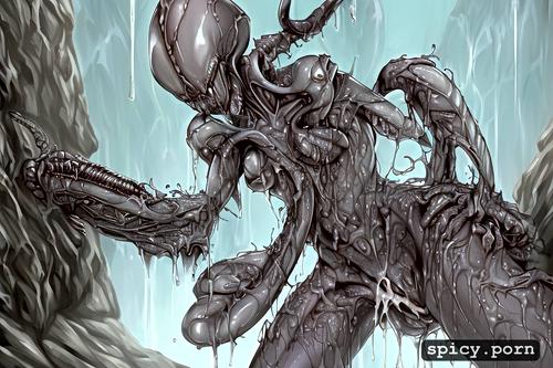 pools of cum, female xenomorph, cum, cave like, fleshy walls sprouting dicks and pussies