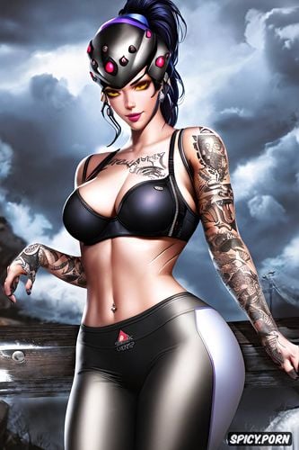 widowmaker overwatch beautiful face young full body shot, tattoos small perky tits tight white sports bra and black leggings masterpiece