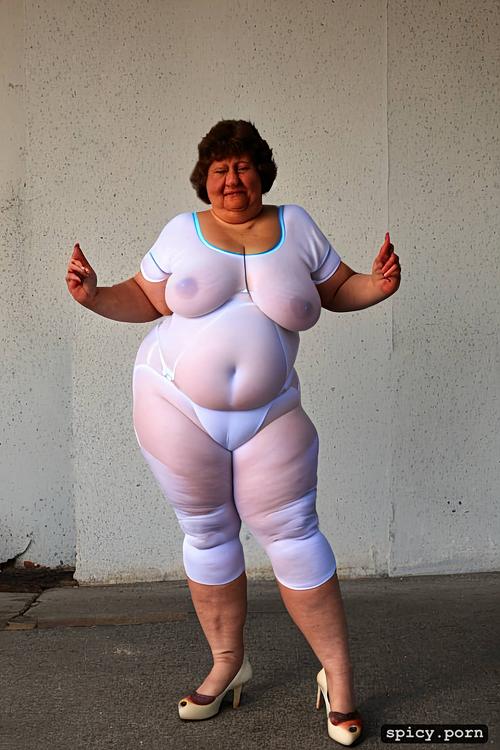 sagging belly, a standing obese 80 yo fat woman wearing white very transparent tight bodysuit with white legs