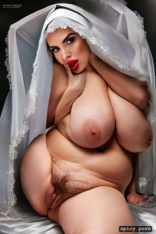 ultra detailed, huge nipples, shinny red lips, old, nun, big belly