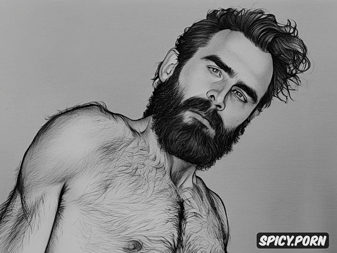 full shot, surprised look, detailed artistic pencil nude sketch of a bearded hairy man