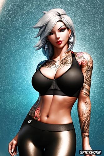 ashe overwatch beautiful face young full body shot, tattoos small perky tits tight black sports bra and yoga pants masterpiece