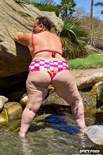 a narrow stream flowing to her side, catching this mature ssbbw woman descending a stone staircase flanked by rugged rock walls