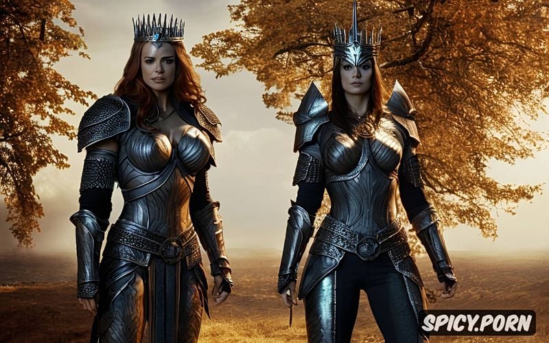 warrior s crown, standing, orange hair, fantasy armor, muscular woman