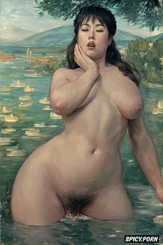 very small breasts, grabing belly, manet, very small head, open mouth