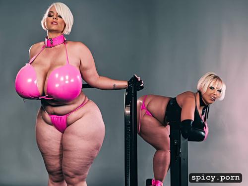 restrained, pink short hair, neon club background, sagging tits