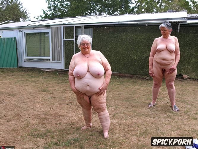 fat naked old woman of 90 years old, seen in full body showing her well detailed obese body