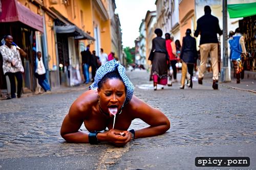 on all fours, three african women, street, crowded, exhibitionist