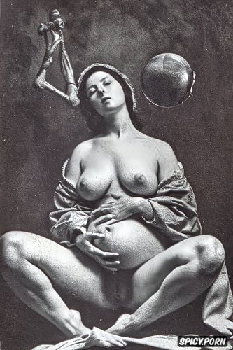 medieval, halo, altarpiece, holding a ball, spreading legs shows pussy