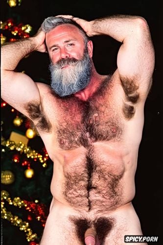 solo hairy gay muscular old man with a big dick and perfect face beard showing hairy armpits santa chubby body