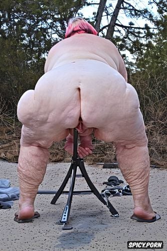rear view, squatting, white granny, pastel colors, naked, hyperrealistic pregnant pissing cellulite thighs red bobcut haircut