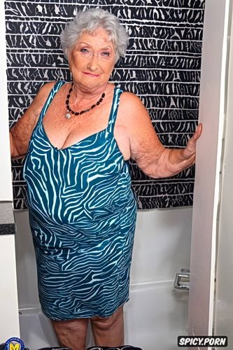 classy conservative irish american ninety something granny with a kinky side she is wearing zebra print lingerie and slide mules she is standing in bathroom showing off for young neighbor ssbbw granny big ass beautiful face looking at viewer intense eye contact