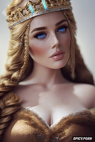 blue eyes, diadem, flowing low cut brown dress with animal pelts