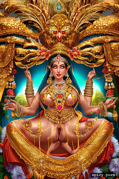 wide hips, hindu temple, extremely large breast, blushing smiling completely naked bashful bride wearing only wedding jewellery