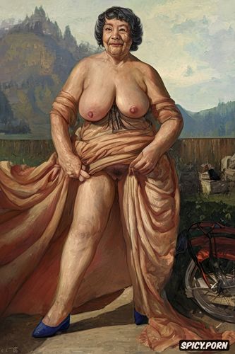 the fat wrinkled grandmother has a naked pussy under her dress