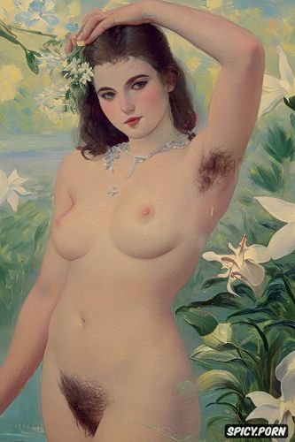 with a white flowers around her head and hairs, flat chest beautiful teen white women with a white lily in her right hand