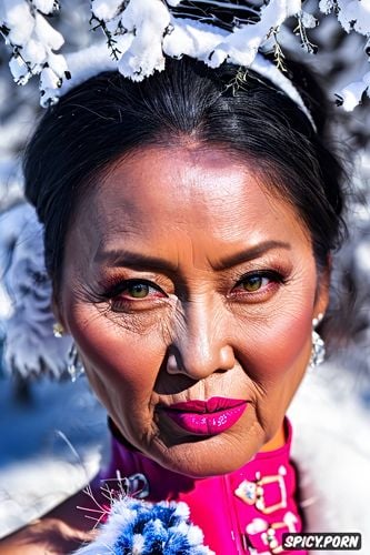 bimbo, dsl, she wears a single side braid, face portrait 90 year old mongolian woman with round facial features and high cheekbones