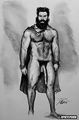 full length portrait, full shot, big dick, dark hair, rough artistic sketch of a bearded hairy man wearing a draped toga