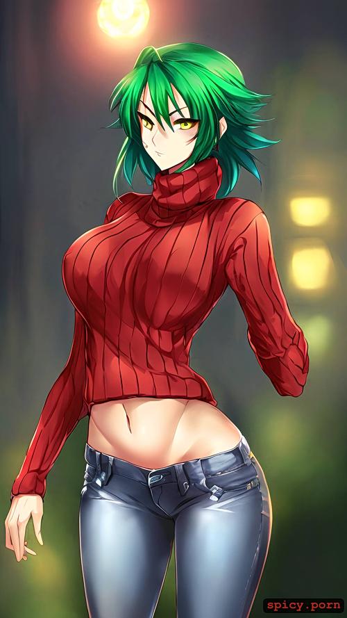 anime woman, jeans shorts, white skin, medium breasts, red sweater short light green hair