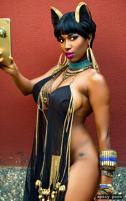 realistic, selfie, beautiful black woman, 4k furry, oiled body