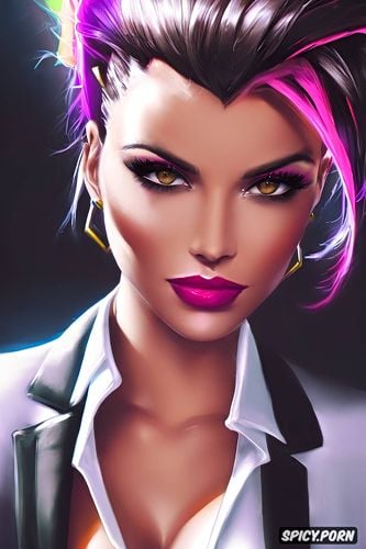 k shot on canon dslr, ultra detailed portrait, masterpiece, sombra overwatch milf full lips black blazer white shirt shirt unbuttoned beautiful face