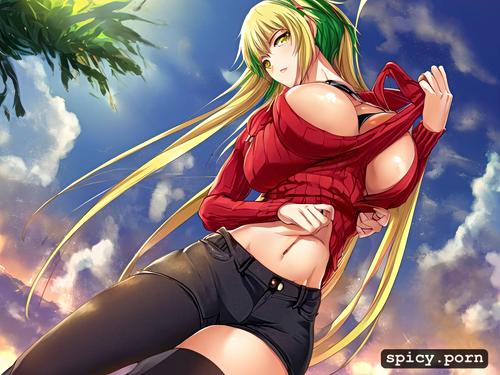 fully clothed, anime woman, boob grab, red sweater short light green hair