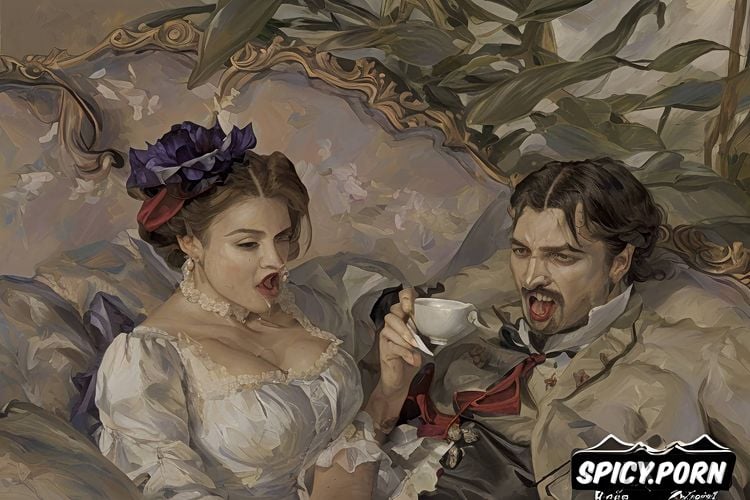 couch, vampire, garden, drinking coffee, impressionism painting style