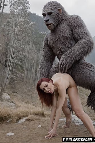 furry sasquatch fur all over, gripping her waist, doggy fucking her deep