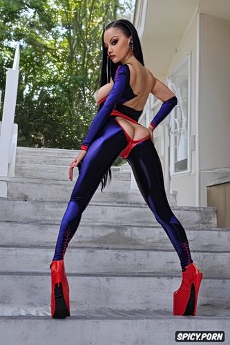 4k focus, stunning face, lshiny spandex satin gymsuit with gloves